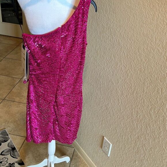 Primavera Couture Women's 0 One Shoulder Pink Sequin Mini Dress Barbiecore New - Picture 9 of 13